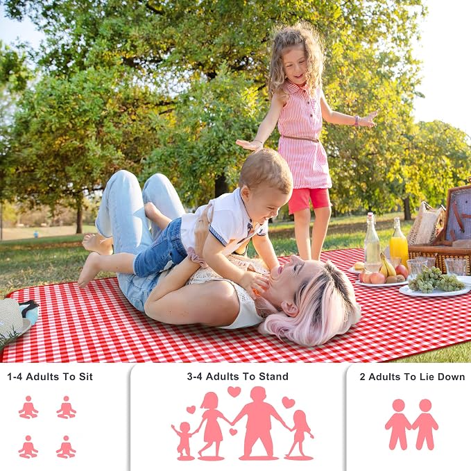 SAMSIER Outdoor Picnic Blankets Waterproof Foldable Sandproof, Extra Large Gingham Cute Picnic Mat Washable Portable for Park Beach Camping Courtyard (Red, 80"×80")