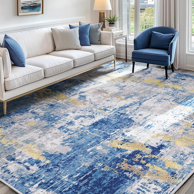 RELEANY Washable 8'x10' Abstract Area Rug for Living Room Blue Gold | Carpet for Bedroom, Kitchen, Office, Hallway and Entryway, Printed Pattern, Non‑Slip, Soft, Stain‑Resistant, Easy to Clean