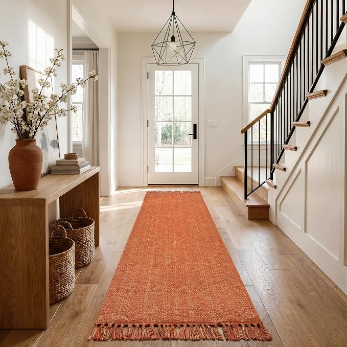 2.6' x 8' Fall Kitchen Runner Rug, Boho Farmhouse Rugs for Hallway | Modern Washable Bathroom Mat Terracotta Woven Entry Hall Rugs, Braided Bedside Carpet for Front Door Porch Patio Fall Decor
