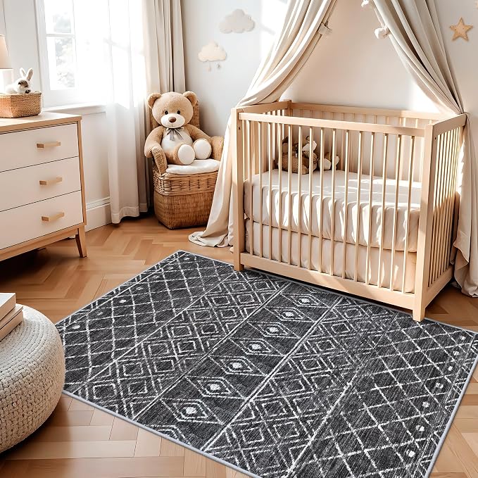 3x5 Washable Moroccan Area Rug: Ultra Soft Low Pile Non Slip Rugs Black | Modern Geometric Printed Indoor Floor Mat - Carpet for Living Room Bedroom Entryway Kitchen Home Decor