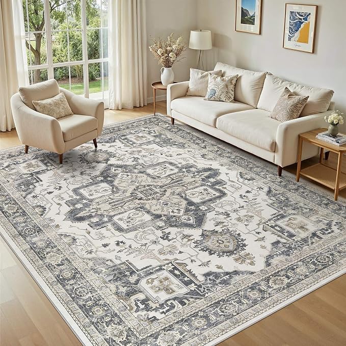 Vintage Washable 5x7 Area Rug for Living Room, Heathered Grey | Soft Low Pile Rug with Non-Slip Backing, Stain Resistant for Bedroom or Dining Room, Kid & Pet Friendly