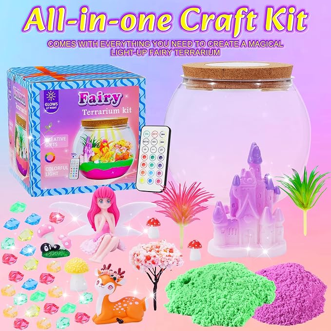 Hannstar Fairy Garden Kits for Kids - Light Up Terrarium kit Birthday Gift for Girls Ages 4 5 6 7 8 10 12 Years Old - Creative Garden Toys for Girls - DIY Arts and Crafts Kit for Kids