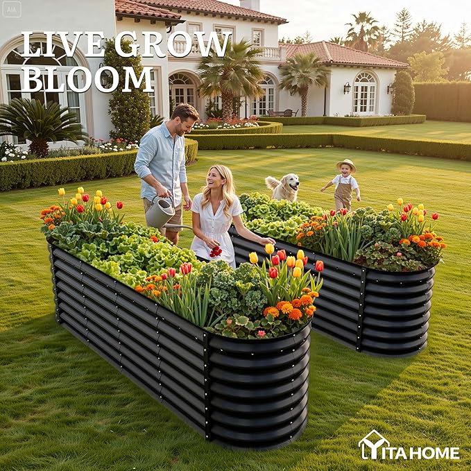 YITAHOME 8x2x2ft Galvanized Oval Raised Garden Bed, Metal Planter Box with Safety Rubber, Gloves, Outdoor Flower Bed for Planting Plants Vegetables, Black