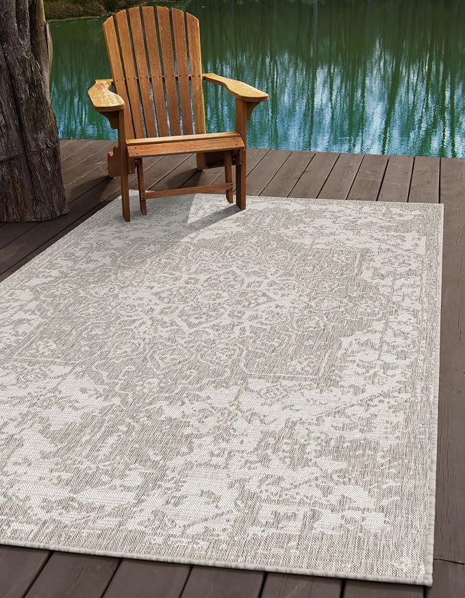 Unique Loom Jill Zarin Outdoor Collection Area Rug - Dubai (13' Square, Gray/ Ivory)
