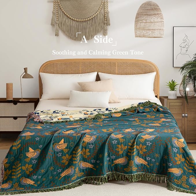 Phuryllic Boho Throw Blanket Throw Size, Soft Cozy Cotton Muslin Quilt Blanket for Bed Decor, Bird Patterned Couch Sofa Chair Cover, Vintage Farmhouse Cottage Tapestry Woven Blanket, Green&Beige