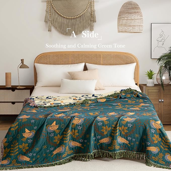 Phuryllic Boho Throw Blanket Twin Size, Soft Cozy Cotton Muslin Quilt Blanket for Bed Decor, Bird Patterned Couch Sofa Chair Cover, Vintage Farmhouse Cottage Tapestry Woven Blanket, Green&Beige