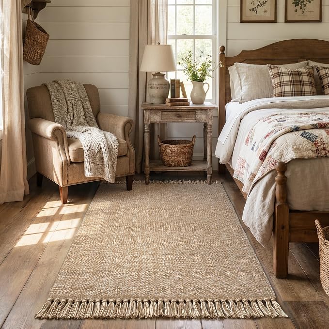 3' x 5' Woven Indoor Outdoor Porch Rug, Farmhouse Entryway Rugs | Modern Boho Reversible Front Door Mat, Tan/Cream Braided Washable Kitchen Rugs for Patio, Bedside, Bathroom, Nursery Decor