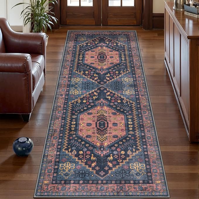 Ciicool Washable Non Slip Runner Rug,2x6ft Vintage Hallway Kitchen Rugs | Soft Oriental Indoor Mat Navy Boho Entry Carpet for Entrance Bedroom Bedside Living Room Laundry Bathroom Decor