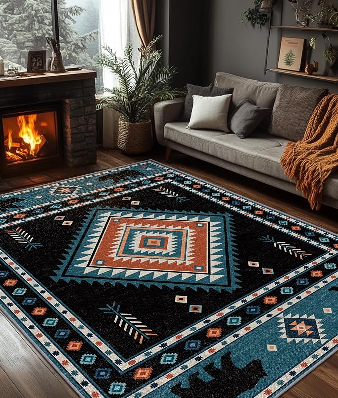 Native Amrican Rug 8x10 - Southwestern Bear Cabin Area Rugs for Living Room Bedroom, Rustic Boho Machine Washable | Non-Slip | Soft Large Carpets, Southwest Home Decor (Teal Orange Black)