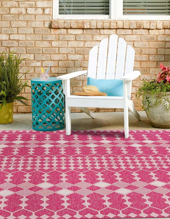 Unique Loom Outdoor Trellis Collection Area Rug - Traliccio (10' Square, Magenta/ Ivory)