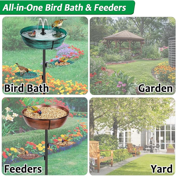 Metal Bird Bath for Outdoor 2 Pack- Garden Bird Bath with Removable Bowl Heavy-Duty Base, Winter Birdbath Feeder Rust-Proof Birdbaths for Garden Yard Lawn Decor, Easy to Install(Bronze&Green)