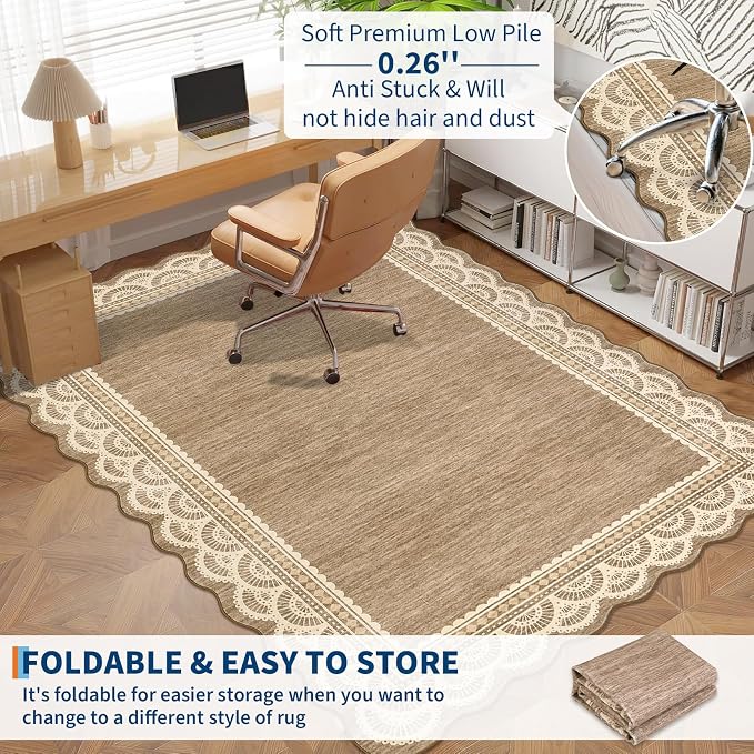 Garvee 9x12 Scalloped Lace Rug for Living Room Washable Soft Rugs Brown | Non Slip Low Pile Rug, Non-Shedding Carpet for Bedroom Playroom Kids Room, Stain Resistant Rugs, Solid Rug for Girls Room