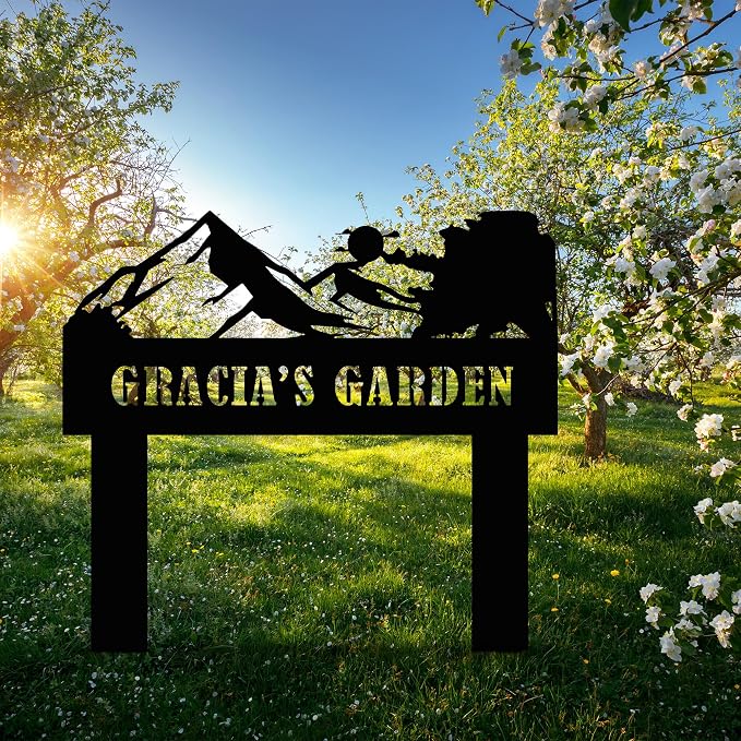 Personalized Garden Sign with Stake, Custom Mountain and Sun Metal Sign for Outdoor, Customized Large Metal Yard Decor, Lawn Art, Farmhouse Decor, Housewarming Gift