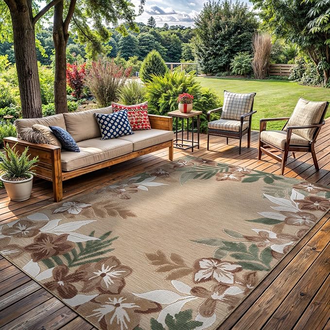 Outdoor Rug 6x9 Washable Area Rugs Indoor Outdoor Carpets Beige Border Floral Non Shedding Waterproof Easy Clean Patio Deck Porch Living Room Bedroom Garden RV (6 X 9 Beige)