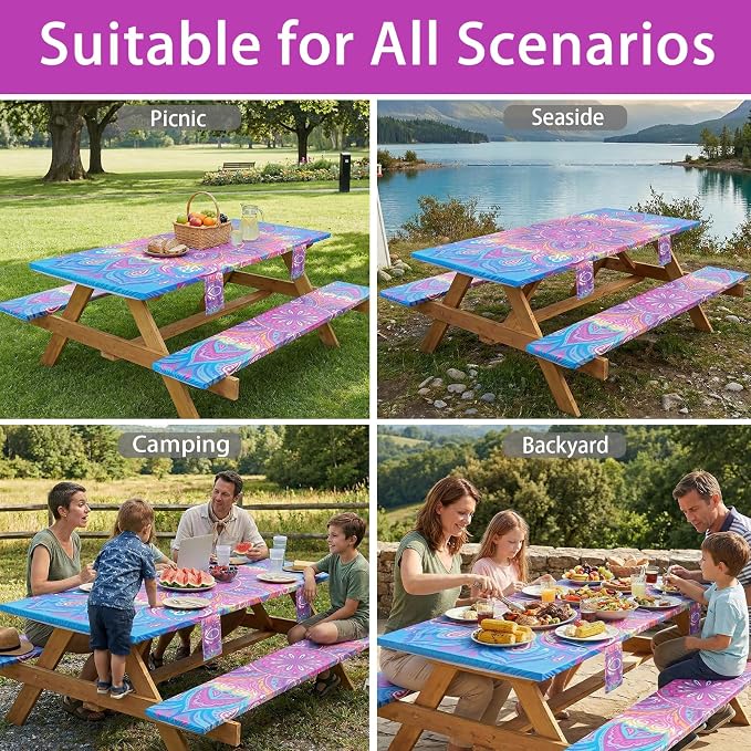 Jobunai 3 Piece 96x30Inch Picnic Table Cover with Bench Covers Fitted Elastic Weather Proof Camping Table Clothes Camp Motorhome Tools Gardening Rv Items Outside Road Trips Must Haves Gift for Adults