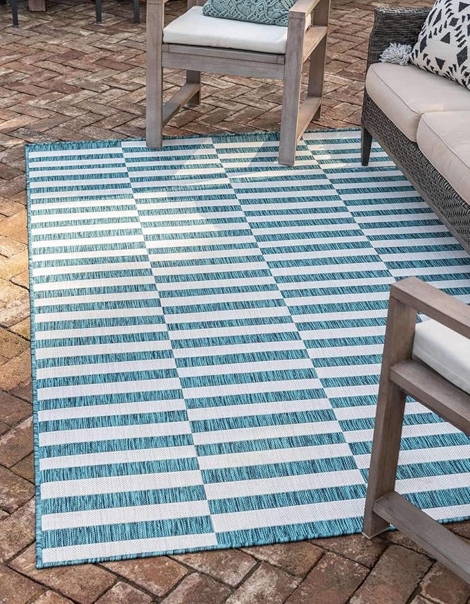 Unique Loom Outdoor Striped Collection Area Rug - Striped (5' 1" x 8' Rectangle, Teal/Ivory)
