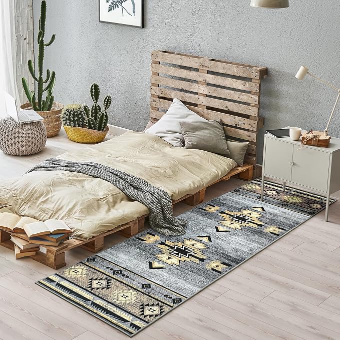 BENRON Western Hallway Runner Rug 2x8, Long Runners for Kitchen, Grey | Southwest aztec Rug, Accent and Tribal Throw Rugs for Bedroom, Washable