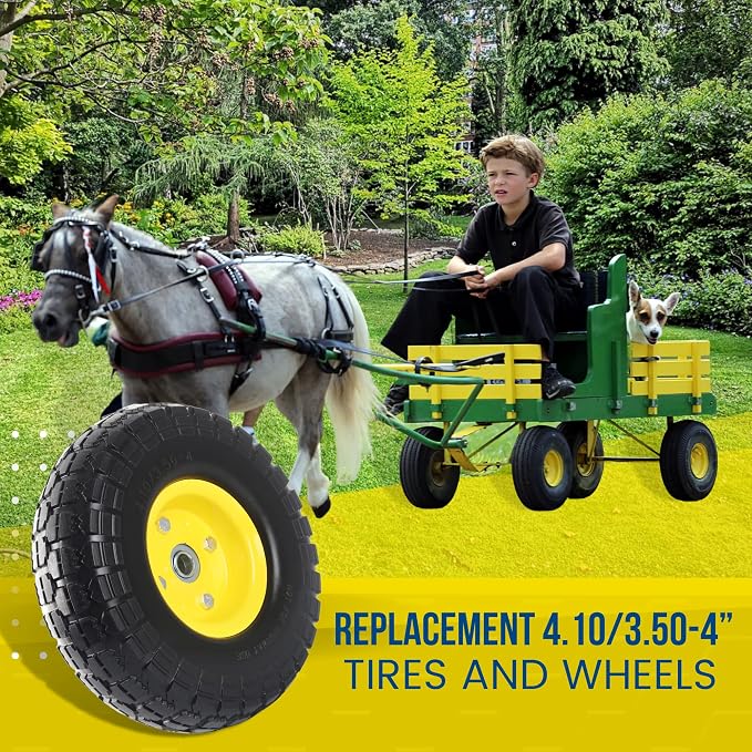 AR-PRO (4-Pack) 4.10/3.50-4" Flat Free Tire and Wheel - 10 Inch Solid Rubber Tires with 5/8" Bearings, 2.2" Offset Hub - Compatible with Garden Wagon Carts,Hand Truck,Wheelbarrow,Dolly,Utility Cart