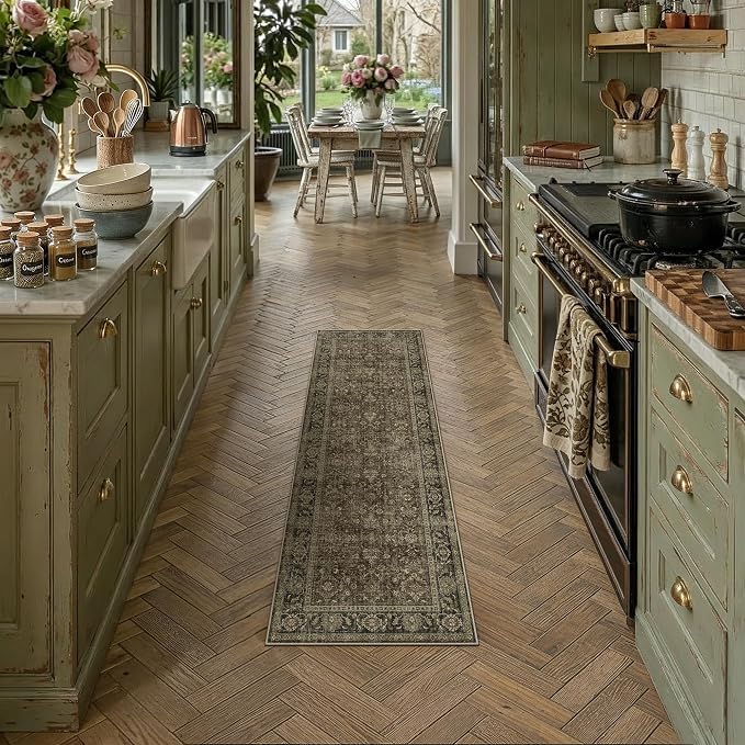 2x5 Taupe Brown Vintage Runner Rug | Washable, Non Slip, Soft Low Pile, Distressed Farmhouse, for Hallway Kitchen Laundry Bathroom Bedroom Living Room Home Decor