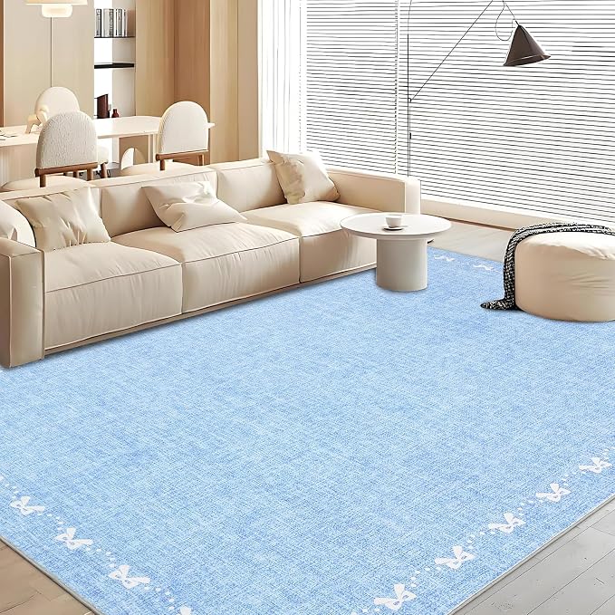COZYLOOM 9x12 Bow Rug for Bedroom, Large Printed Nursery Rug with Non Slip Backing, Stain Resistant Non Shedding Modern Farmhouse Rugs Low Pile Soft Bordered Carpet for Bedroom, Dining Room, Blue