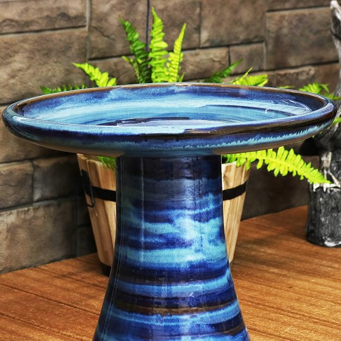 Sunnydaze 21" H Ceramic Bird Bath for Outside - Hand-Painted Outdoor Bird Bath Bowl, UV/Frost-Resistant Finish - Galaxy Blue