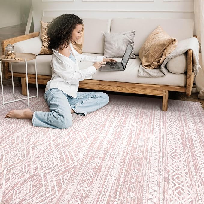 Tortania Area Rug Living Room Rugs- 12x15 Washable Large Soft Neutral Boho Moroccan Bohemian Farmhouse Rug Indoor Floor Carpet for Bedroom Under Dining Table Home Office Decor - Pink