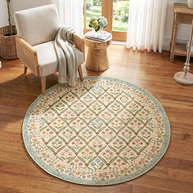 jinchan Round Rug 5ft Vintage Floral Washable Circle Area Rug, Teal Blue | Soft & Lightweight, Checkered Floral, Low Pile, Non Slip, Bedroom, Living Room, Entryway, Girls Room, Reading Nook