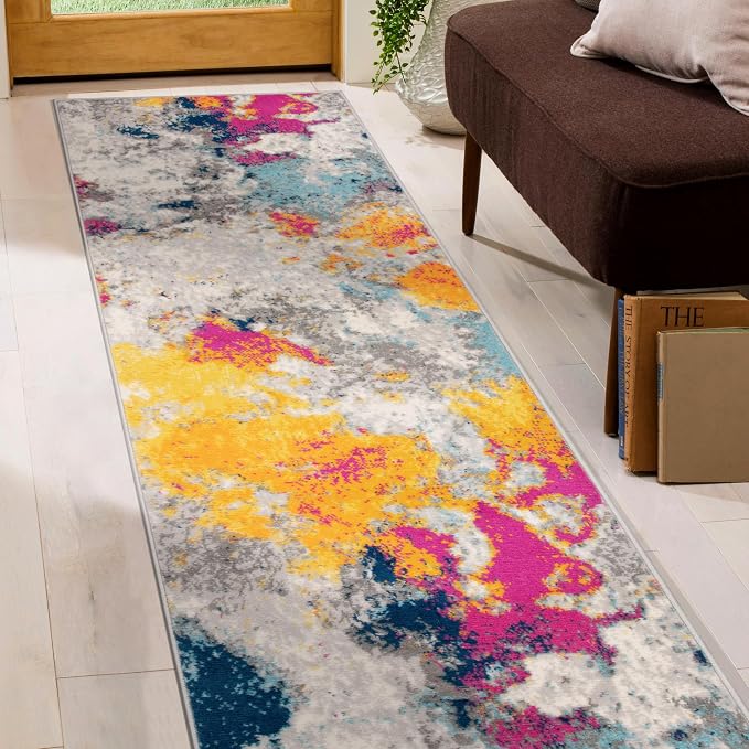 Rugshop Modern Abstract Living Room Non-Shedding Runner Rug Multi 2' x 7' | Rectangular, Size 2' x 7', Bedroom, Dining Room, Home Office, Kitchen, Entryway, Hallway, Nursery, Kids Room, Guest Room