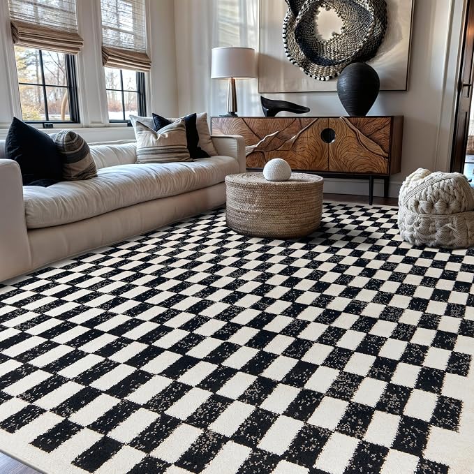 Rugshop Contemporary Checkered Grid Contrast Area Rug Soft Black 5' x 7' | Rectangular, Size 5' x 7', Living Room, Bedroom, Dining Room, Home Office, Kitchen, Entryway, Hallway, Nursery, Kids Room