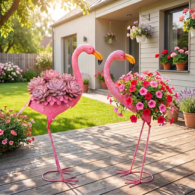 Set of 2 Flamingo Planters, Pink Metal Standing Flamingo Flower Pots with Drain Hole, Indoor Outdoor Decorative Planters for Lawn Garden Patio Yard