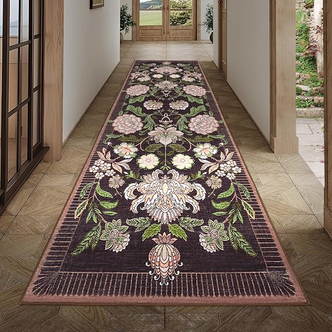 GarveeHome Plum Pink Floral Botanical 2.5x8 Washable Kitchen Runner Rugs Non Slip Black Purple Vintage Boho Cottage Long Rug for Hallways Bedroom Entryway Bathroom Mat with Rubber Back