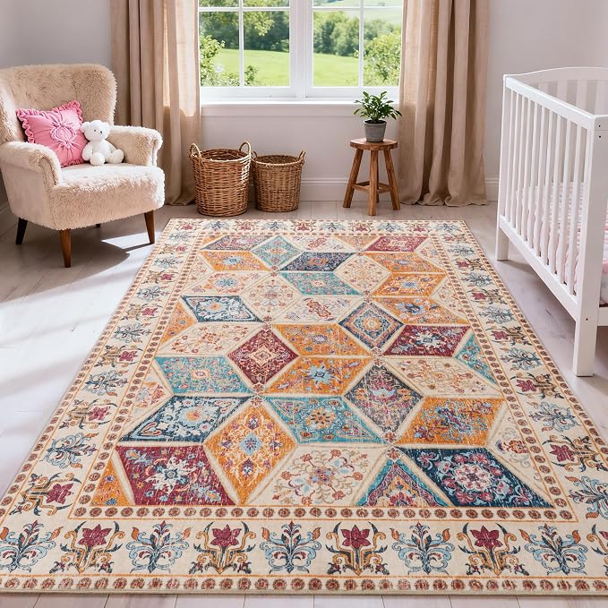 Moroccan Boho Floral Geometric Patchwork Washable 9x12 Large Rug | Vintage Distressed Non Slip Throw Carpet for Bedroom Livingroom Kitchen Hallway Entryway Office Dining Room Docer, Cream