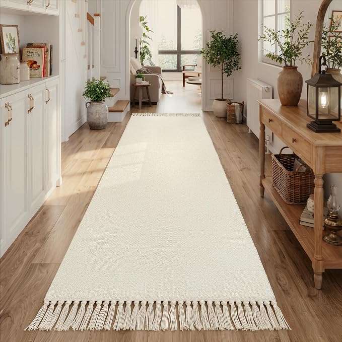 Rug Runners for Hallways, Boho Washable Kitchen Rugs | 2.6' x 10' Farmhouse Indoor Entry Hall Carpet, White Modern Hand Woven Bathroom Runner Rug for Bedroom Entrance Porch Decor