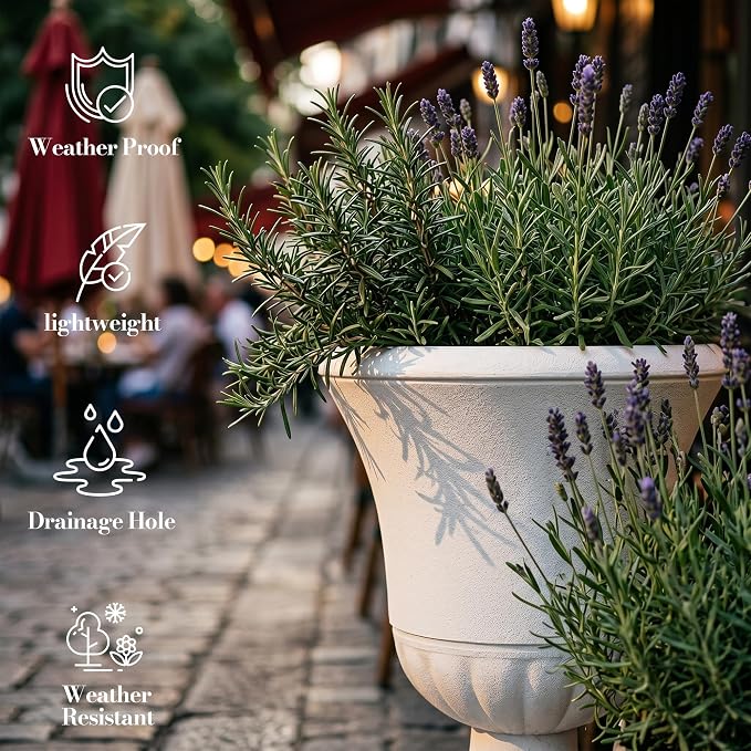 Worth Garden 2-Pack Urn Plastic Planters - 15.5" x 22" Tall Round Classic Flower Pots Pure White Traditional Large Roman Plant Pots for Front Porch Patio Deck Wedding Decoration Pot - Indoor & Outdoor