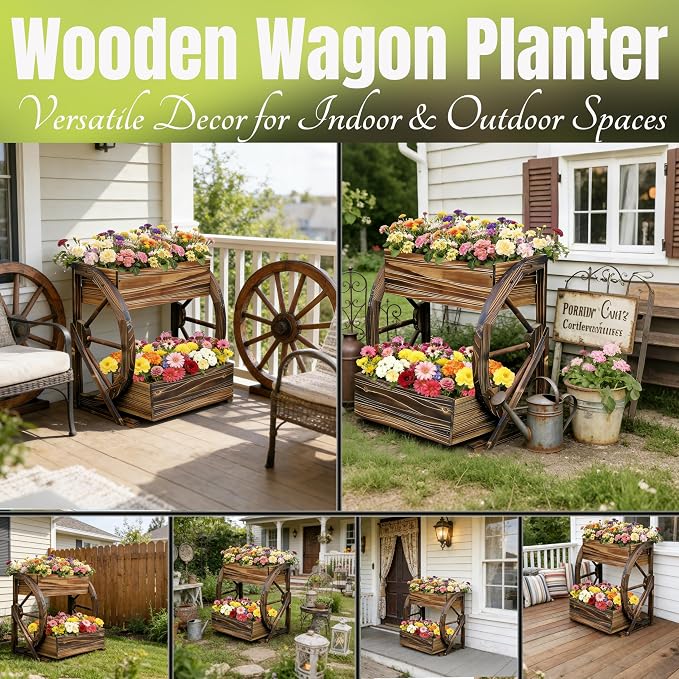 2 Tier Medium Wooden Wagon Planter Box|Outdoor Planter/Flower Pot for Indoor&Outdoor Plants-Rustic Garden Planter for Patio,Porch&Garden Decor-Raised Garden Bed for Succulents,Herbs,Vegetables