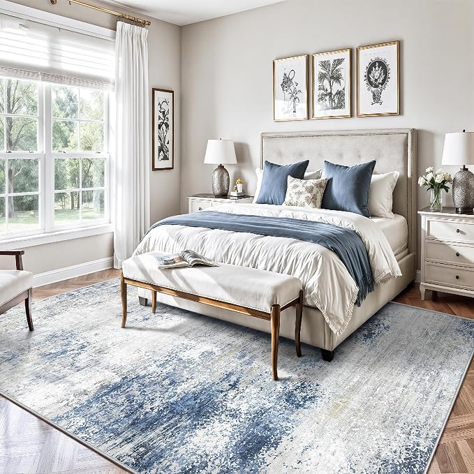 6x9 Area Rugs, Abstract Modern Ultra Soft Washable Rug, Non Slip Carpet with Rubber Back Stain Resistance Rugs for Living Room, Bedroom, Dining Room Decor(Blue & White)
