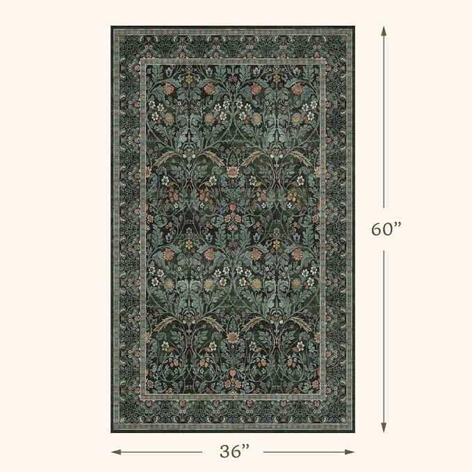 3x5 Washable Area Rugs for Entryway Indoor, Large Kitchen, Low Pile Rugs for Mudroom Bedroom Laundry Room Floor Mat Non Slip Stain Resistant, Dark Green Moody Carpet
