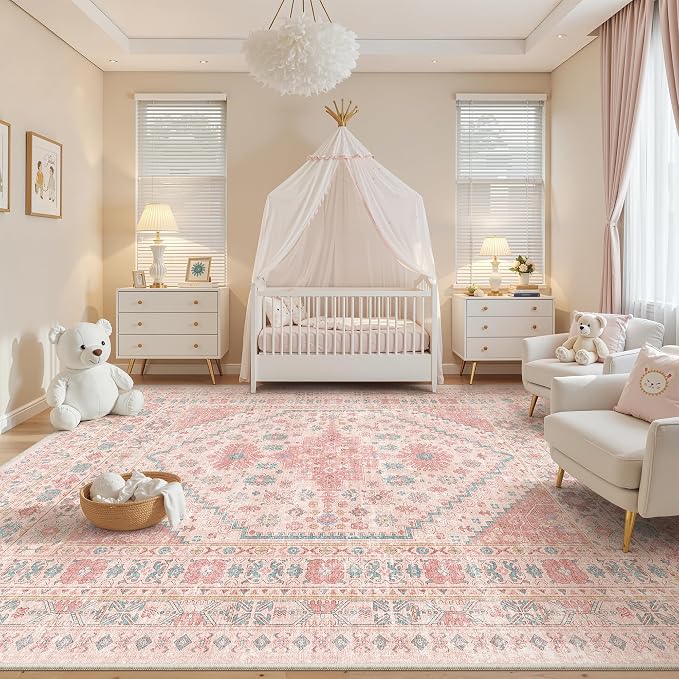Pink Rugs for Bedroom-8x10 Area Rugs for Living Room,Girls Room | Washable Rugs for Nursery,Dining Room,Office,Low Pile,Soft, Vintage Rug,Stain Resistant Indoor Carpet,Non Slip,Home Decor