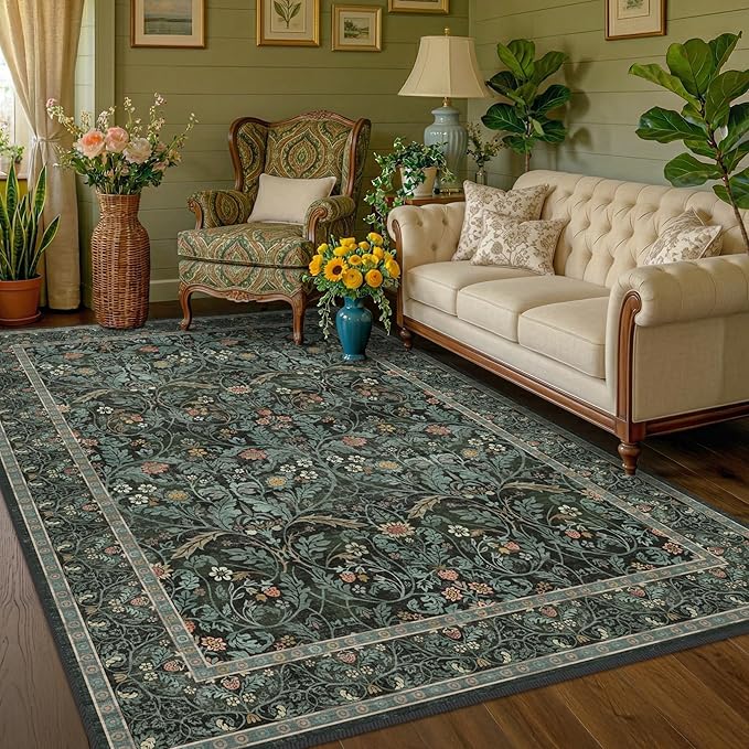 Dark Green 5x8 Dining Room Rug, Floral Washable Soft Non Slip Area Rugs for Living Room Bedroom Home Office Classroom, Vintage Indoor Décor, Botanical Pattern (Olive Green)