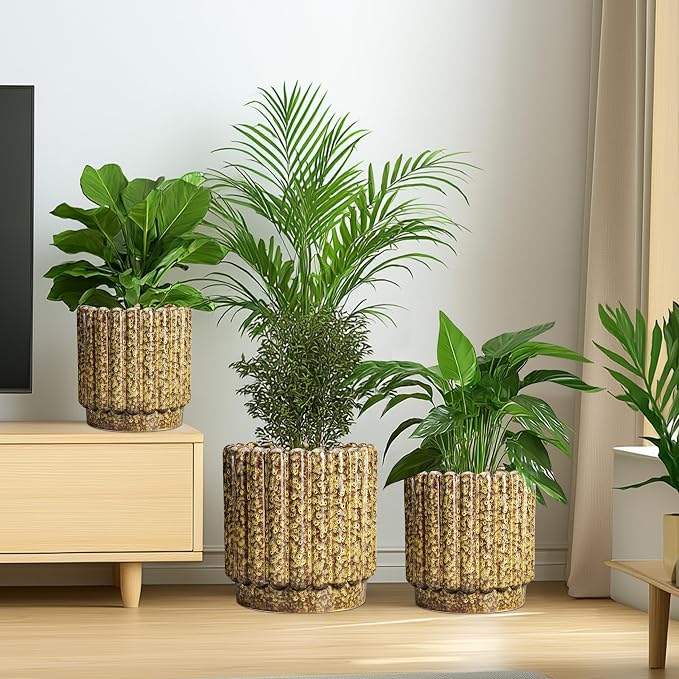 Ceramicfor Ceramic Planter, 7.6 Inch, Yellow | Round Flower Pot, Drainage Hole, Fluted Decorative Design, Indoor & Outdoor Use