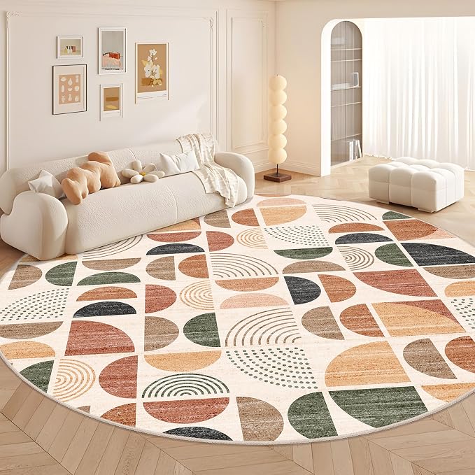 Round Rugs 9ft,Circle Area Rug Washable Non Slip Modern Abstract | Circular Rugs for Living Room Dining Room Large Boho Throw Carpet Soft Low Pile Floor Indoor Bohemian Terracotta