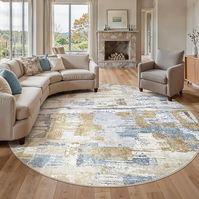 kakania Abstract 10x10 Round Rugs for Living Room: Circle Rugs 10FT Blue | Washable, Soft, Non-Slip, Low-Pile, Pet & Kid Friendly - Large Modern Home Decor Carpet for Bedroom/Dining Room/Nursery