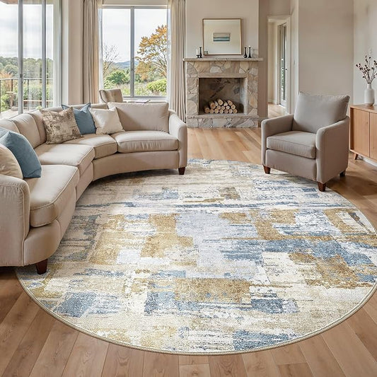 kakania Abstract 10x10 Round Rugs for Living Room: Circle Rugs 10FT Blue | Washable, Soft, Non-Slip, Low-Pile, Pet & Kid Friendly - Large Modern Home Decor Carpet for Bedroom/Dining Room/Nursery