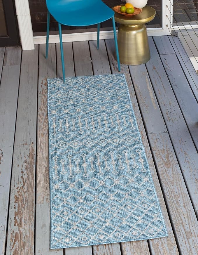 Unique Loom Outdoor Trellis Collection Area Rug - Tribal Trellis (2' x 8' Runner, Aqua/ Ivory)