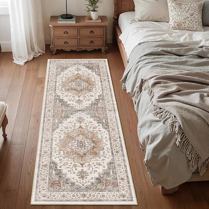 2’6″x 8’ Vintage Runner Rug Low Pile Non-Slip Washable Runners | Retro Distressed Print Rug Orange Gray Carpet Stain Resistant Non-Shedding Long Rug for Hallway Kitchen Bedroom Laundry Room