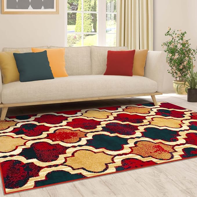SUPERIOR Modern Indoor Area Rug, Non Slip Rug, 5'x8', Red Blue | Geometric Design Floor Décor, Easy Care High Traffic Areas Living Dining Room, Bedroom, Office, Entryway, Viking Collection