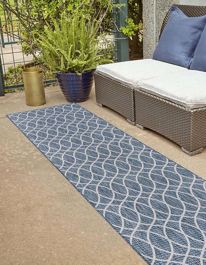 Unique Loom Outdoor Trellis Collection Area Rug - Gitter (2' x 8' Runner, Blue/ Ivory)