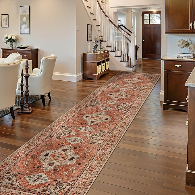 Tangsoo Boho Hallway Runner Rug 2.6x12, Washable Runner Rugs Non Slip | Vintage Soft Low Pile 12ft Long Rug Runners, Oriental Terracotta Indoor Carpet Runner for Hallway Kitchen Bedroom Living Room