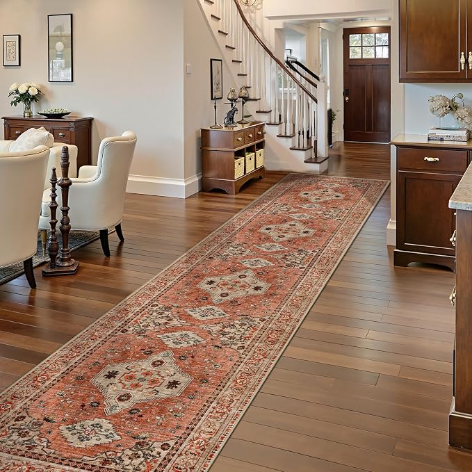 Tangsoo Boho Hallway Runner Rug 2.6x14 Washable Runner Rug Non Slip | Vintage Soft Low Pile 14ft Long Rug Runner, Oriental Terracotta Indoor Carpet Runner for Bedroom Living Room Home Decor