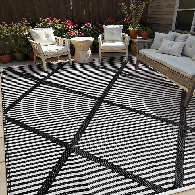 Lahome 9x12 Outdoor Rug Waterproof, Plastic Straw Reversible Outdoor Patio Rug, Modern Portable Outside Camping Mats for Balcony Tent Deck Backyard, Black 9'x12'